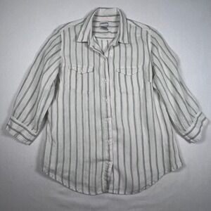 Chico's Linen Button Down Shirt Striped 3/4‎ Sleeve Relaxed Fit Size 2